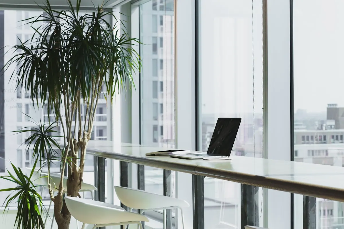 Conference table with city skyline behind it