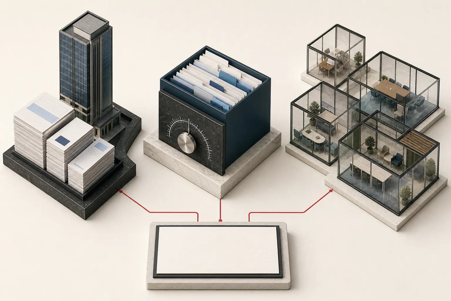 Conventional lease reports, an index archive and current flex-office rooms feeding a blank decision board.