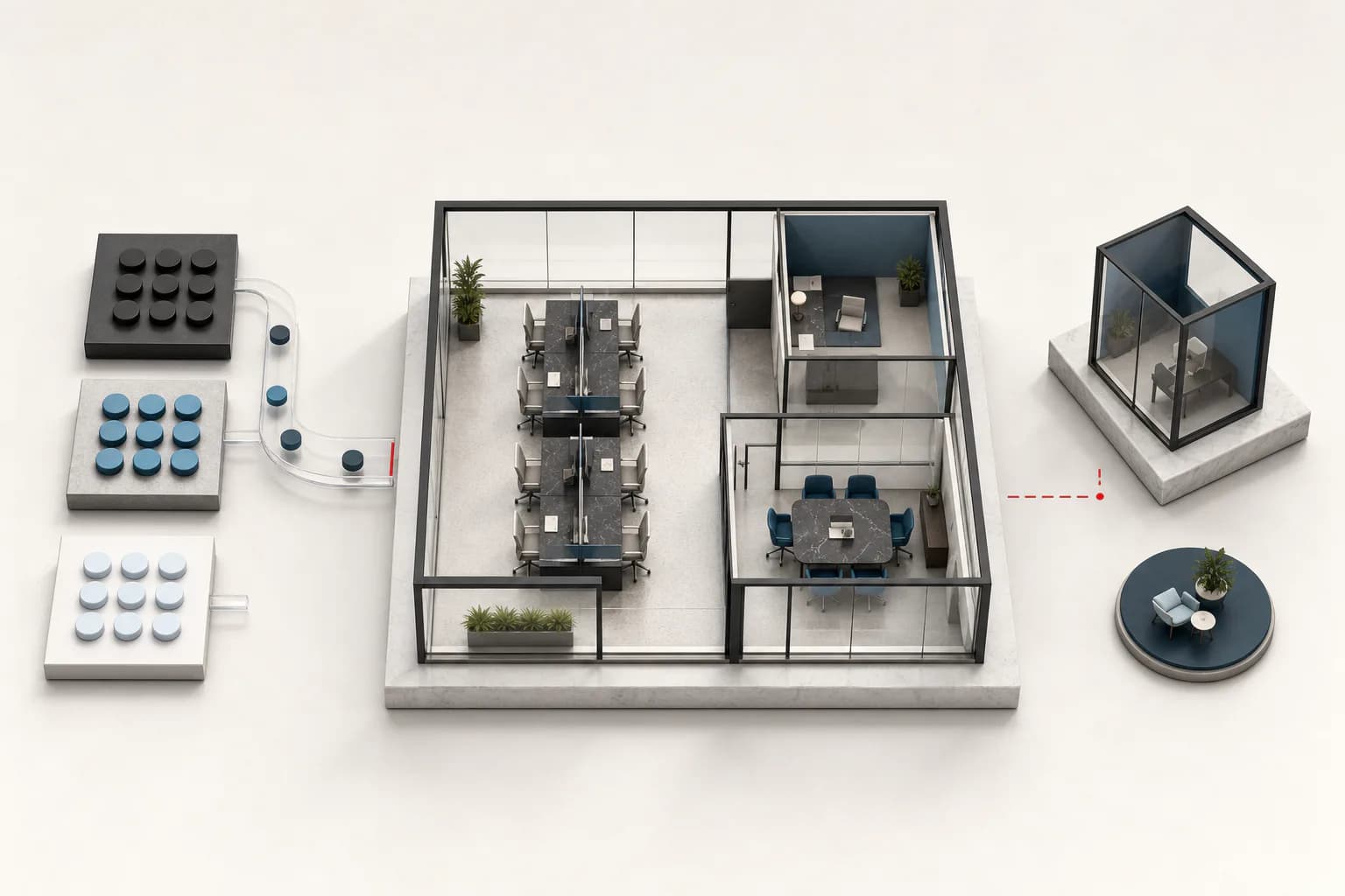Peak-attendance tokens feeding an office model with desks, focus space, meeting space and a separate growth option.