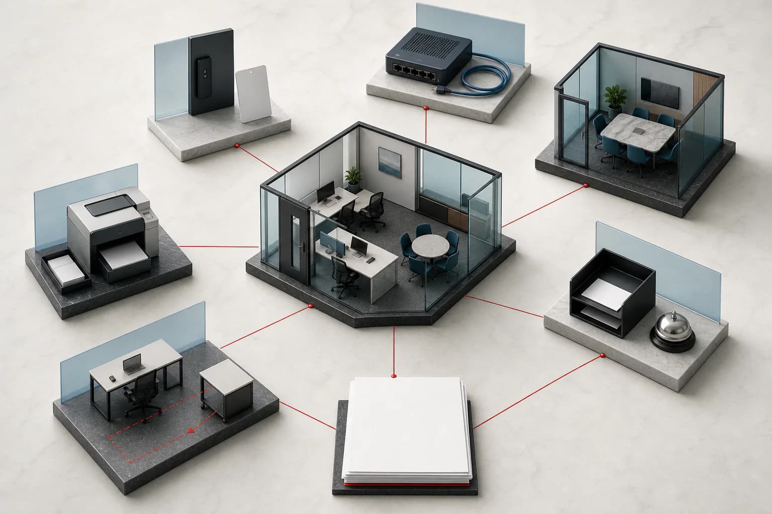 A model office suite connected to access, internet, meeting-room, printing, reception and layout components.