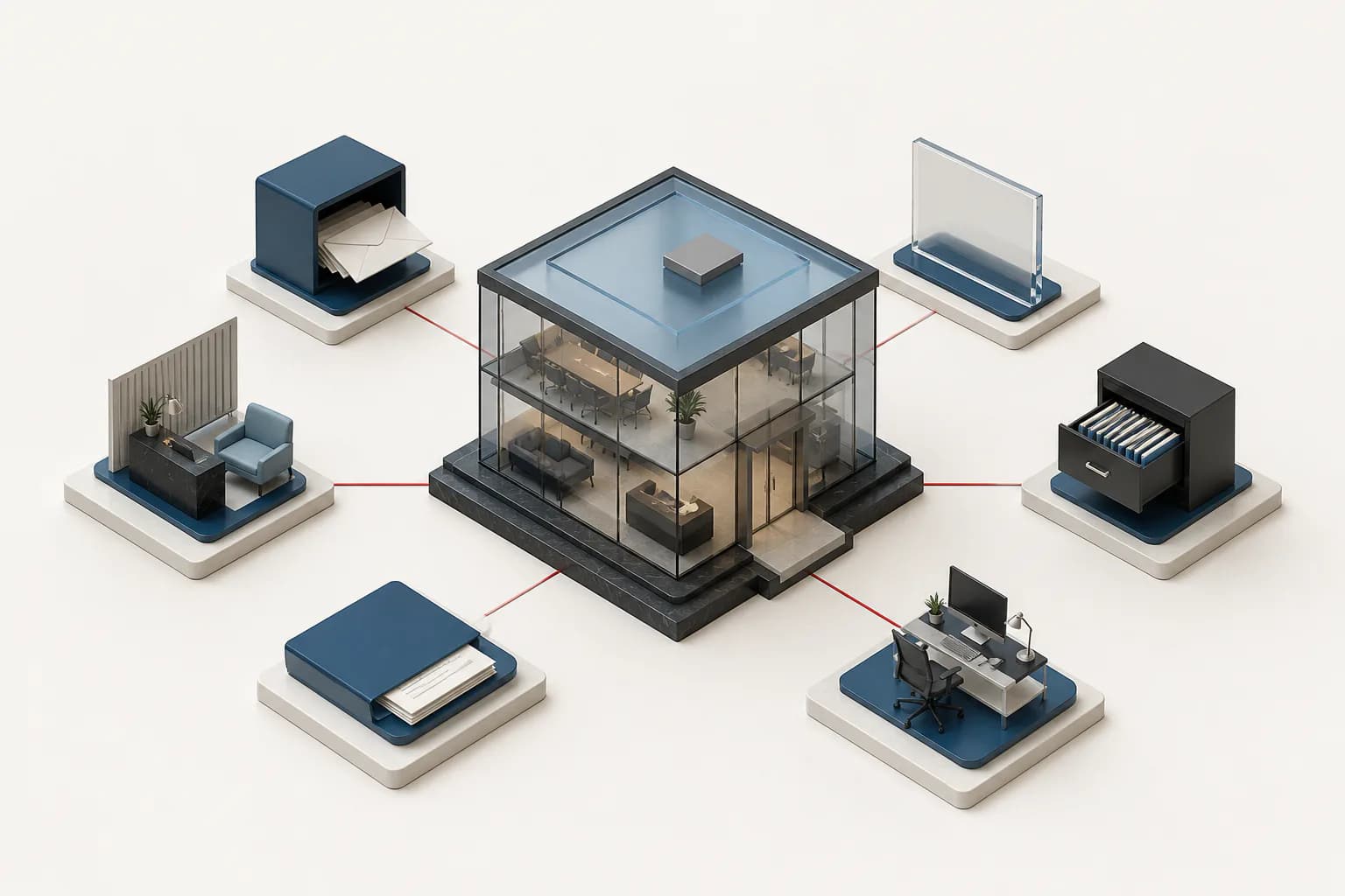 An office-and-address model connected to separate mail, display, records, reception, document and workspace functions.