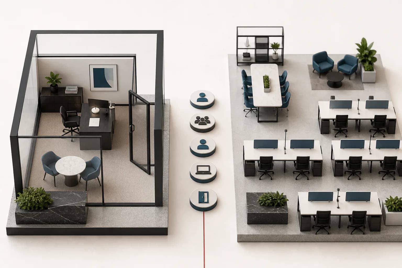 A private office model compared with a shared workspace and neutral decision tokens.