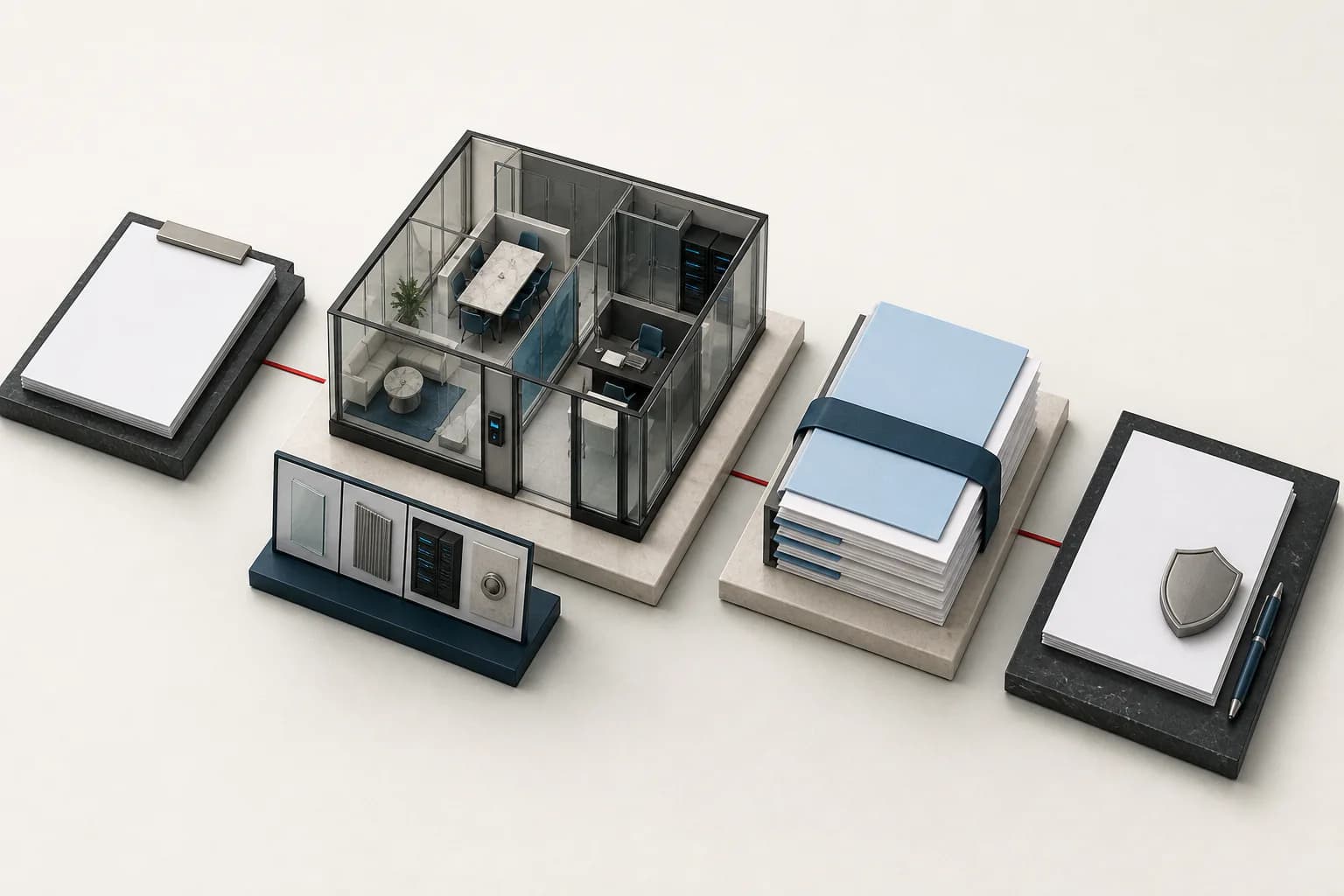 A firm brief, exact room controls, operator evidence and an independent review stage shown as separate components.