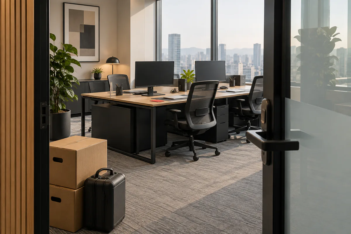 Move-in-ready private office with boxes by the entrance