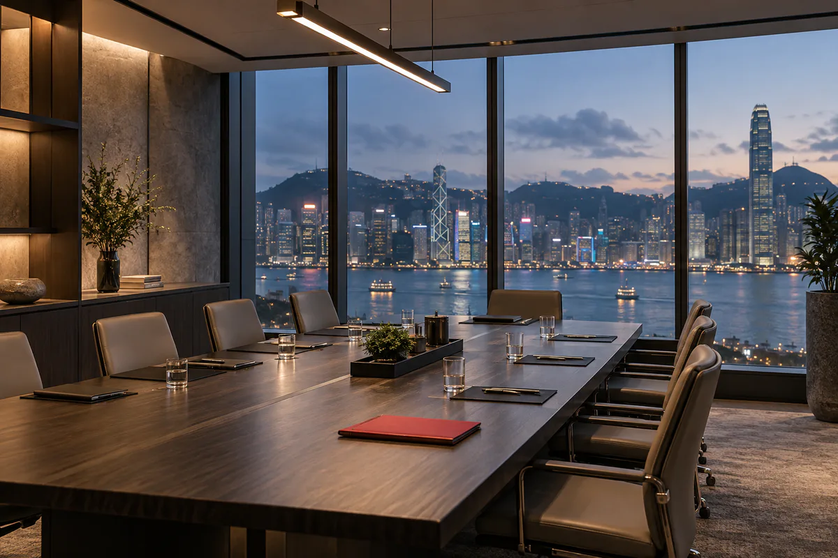 Empty Hong Kong boardroom overlooking Victoria Harbour