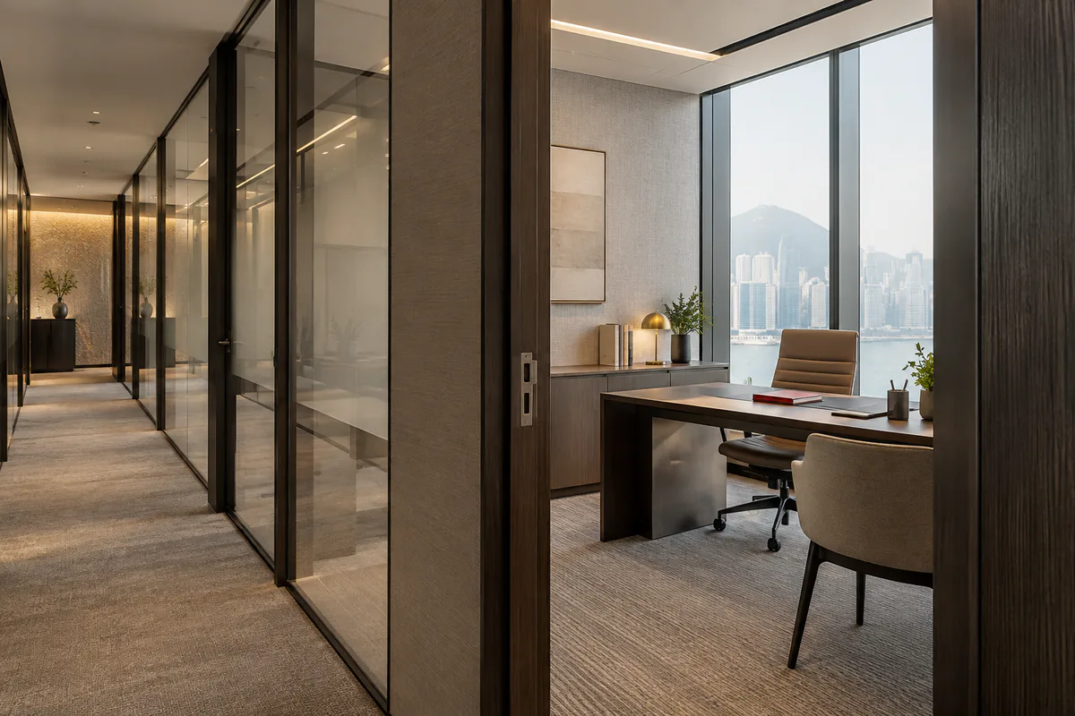 Glass corridor opening into a furnished private office