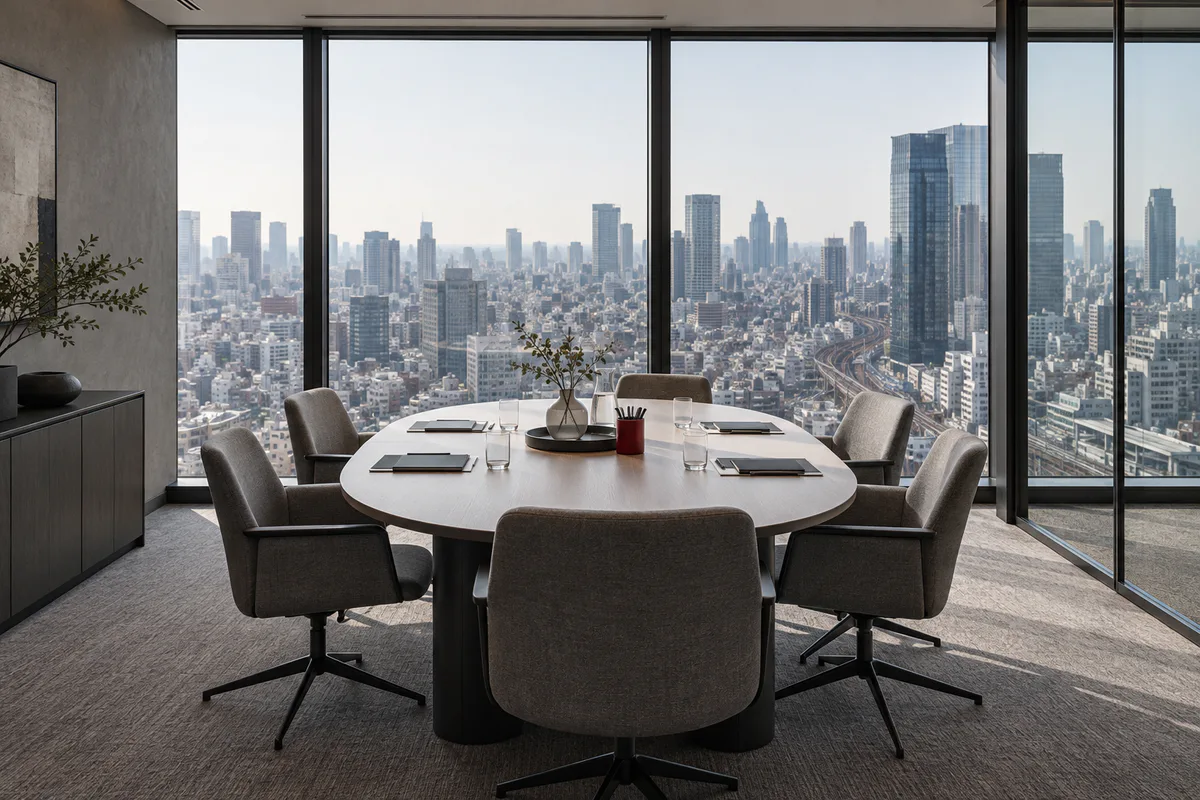 Empty meeting room overlooking Tokyo