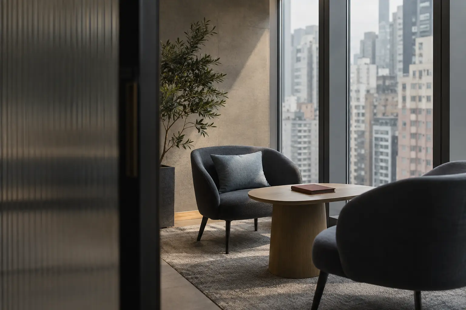 Illustrative office conversation area with two armchairs beside a window