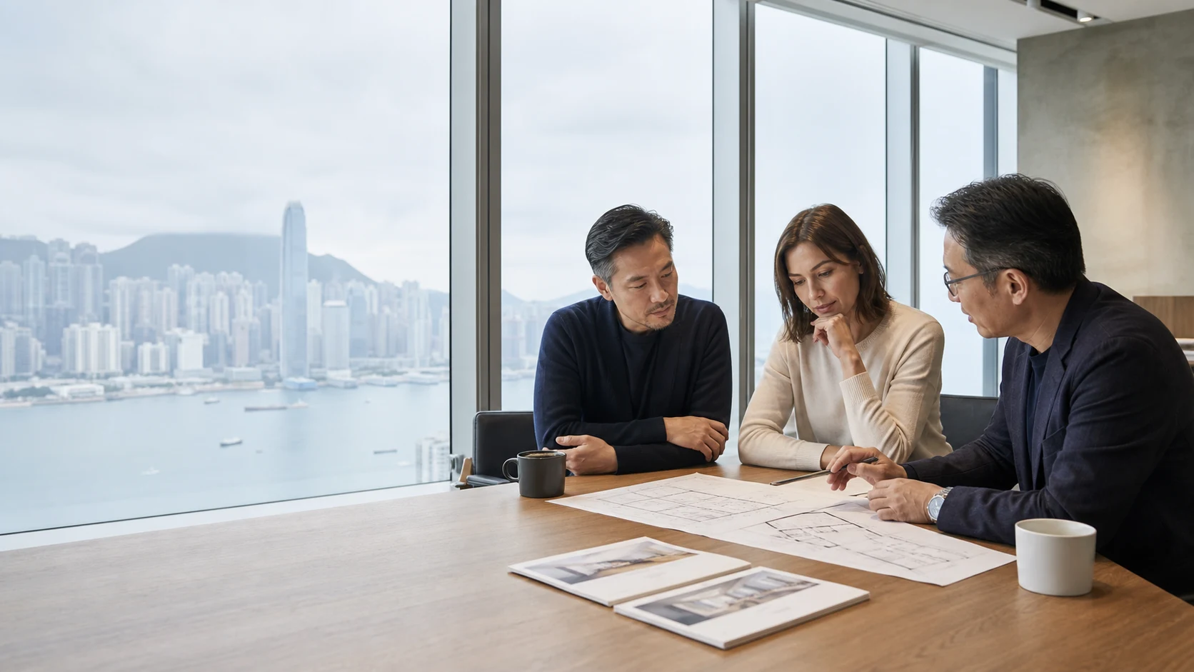 Workspace advisor and clients comparing office plans above Hong Kong harbour