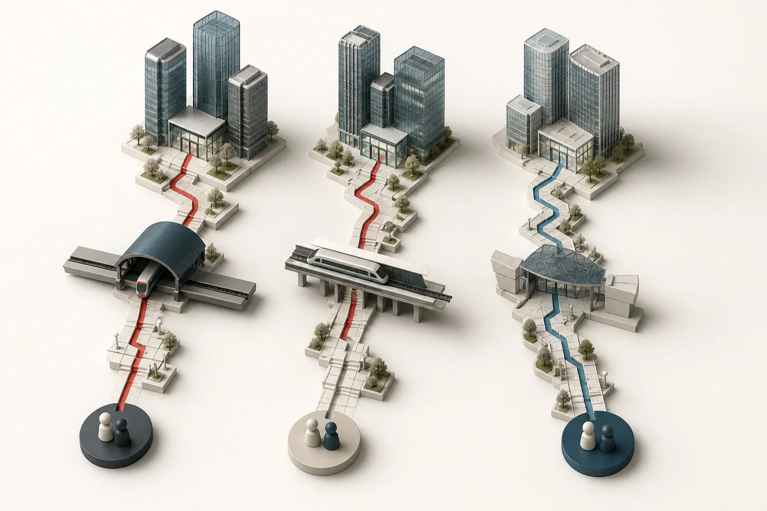 Three abstract door-to-door office journeys connecting people, transit hubs and building entrances.