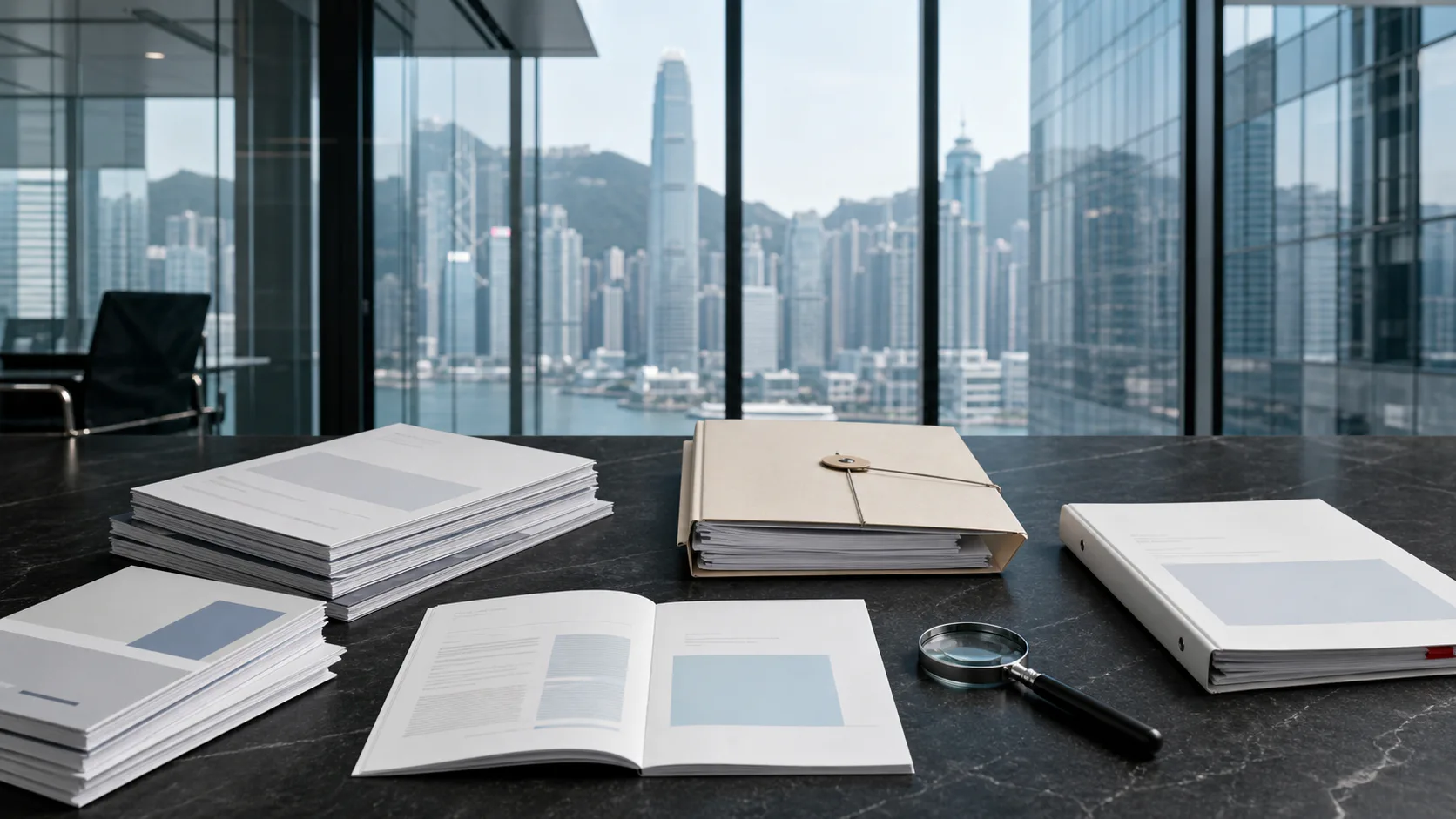 Separate market reports, an archive folder and a flexible-office catalogue arranged for review in Hong Kong.