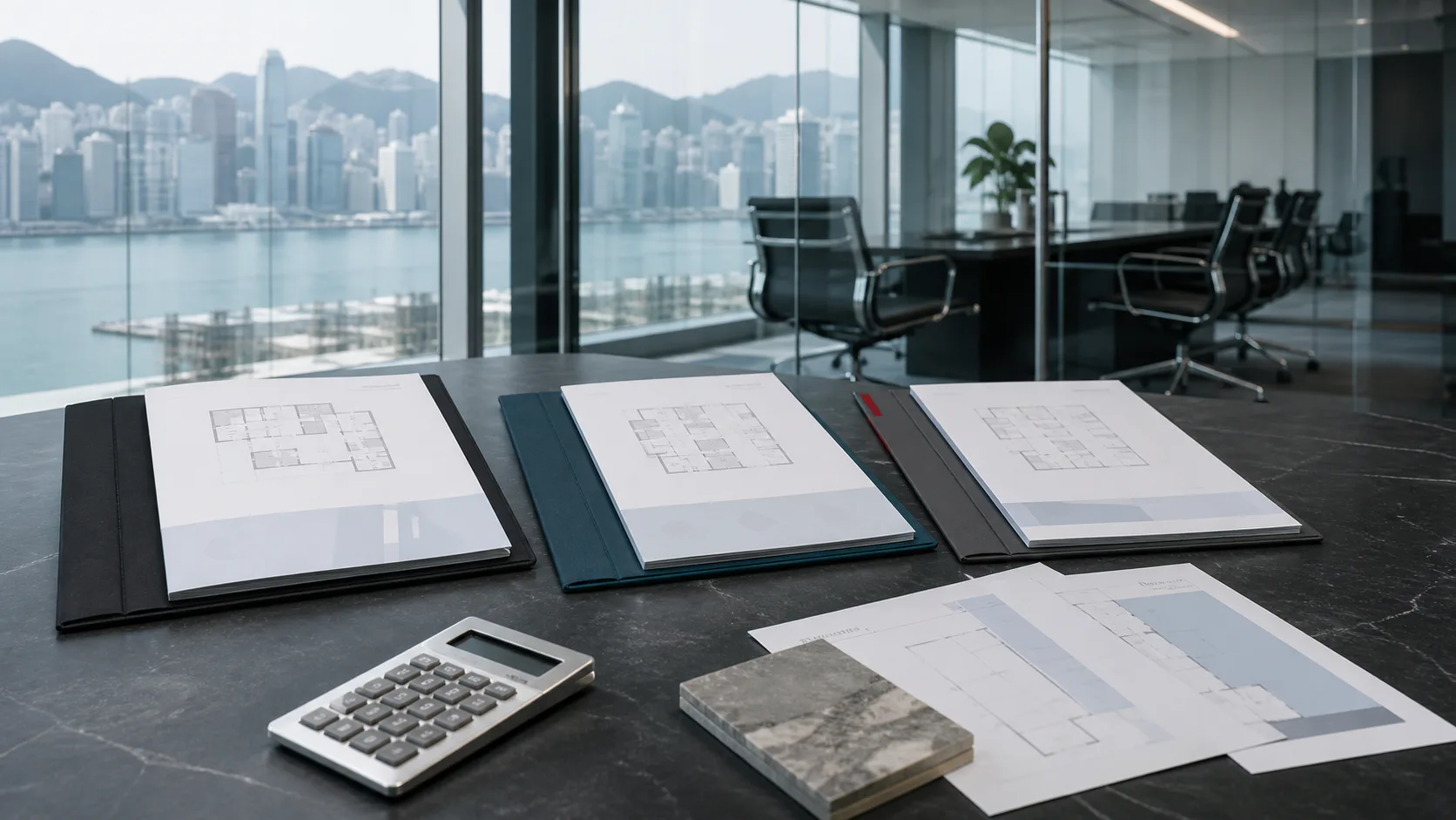 Three anonymous serviced-office proposals arranged for comparison on a Hong Kong meeting table.