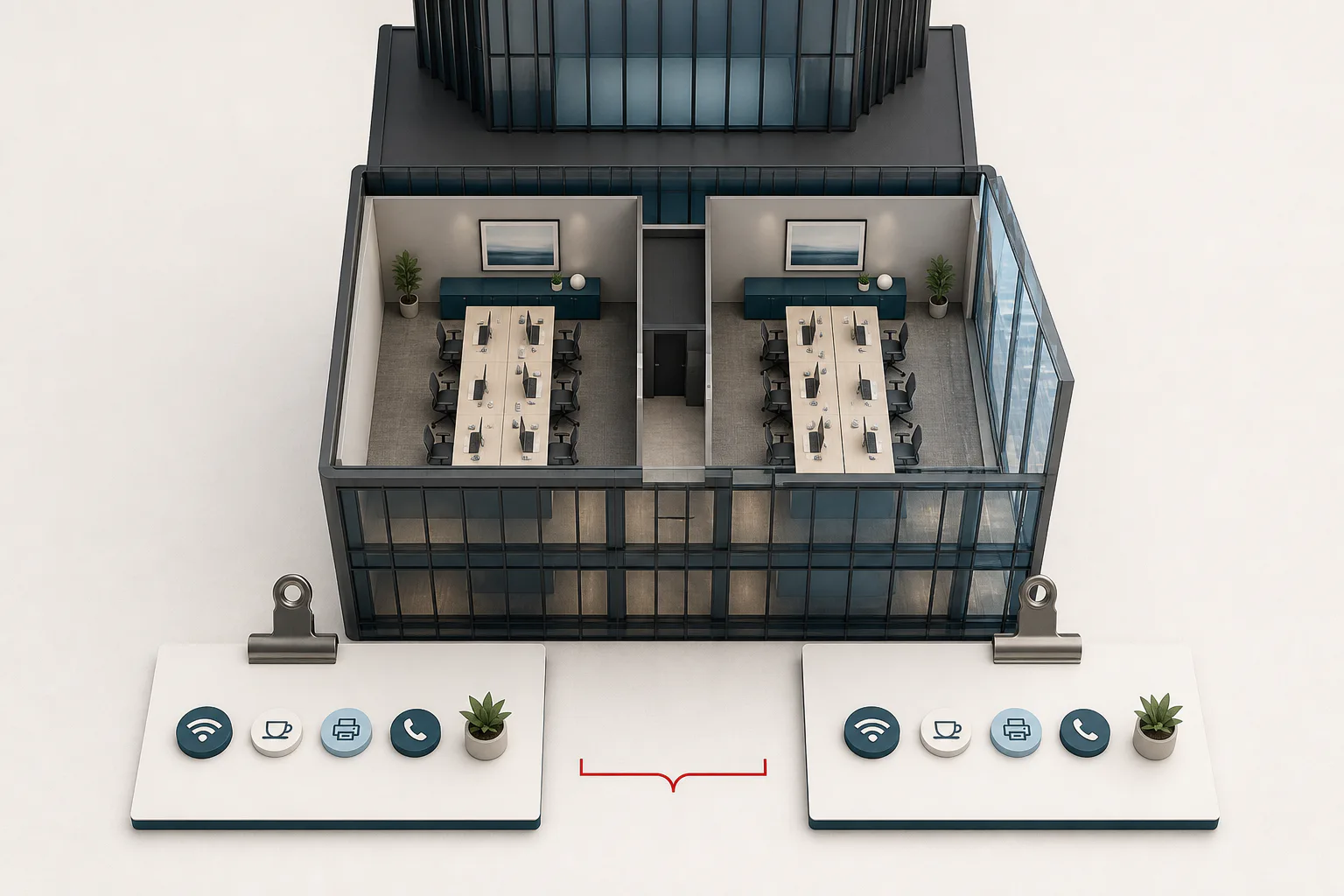 Two matching room models on the same floor aligned with the same service components.