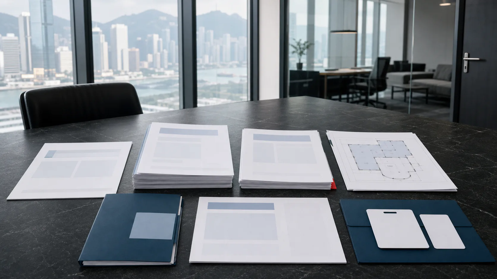 A complete anonymous signing pack arranged for review on a Hong Kong office meeting table.