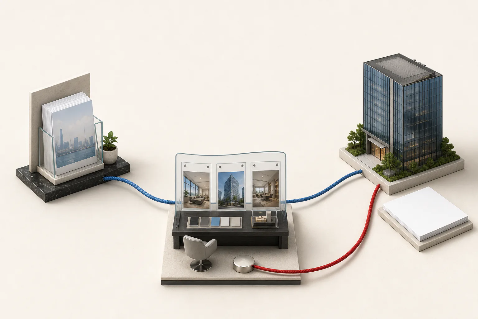 A tenant brief connected to an adviser and an operator in blue, with one red payment path from operator back to adviser.