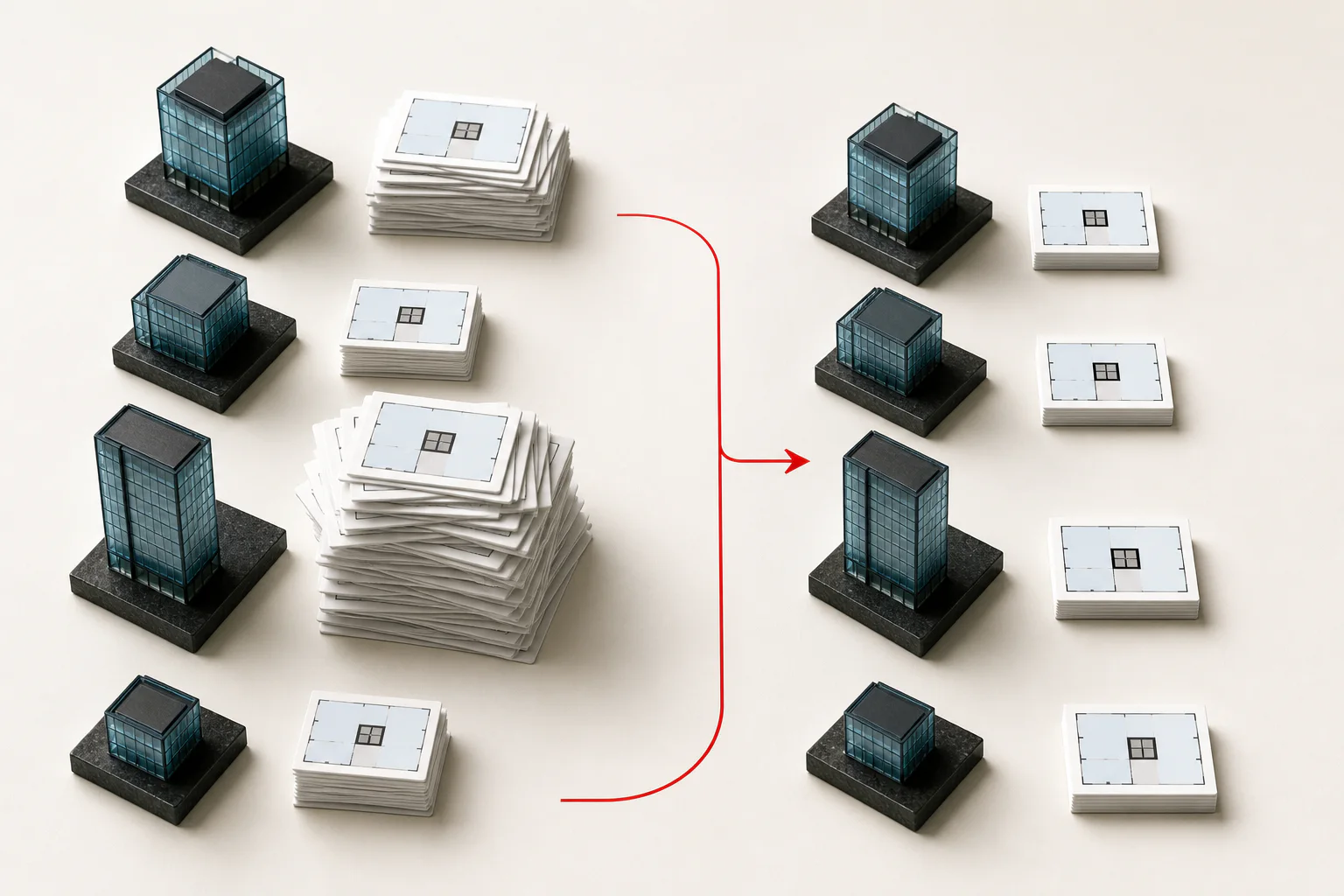 Uneven stacks of room listings being reorganised into one representative group per office centre.