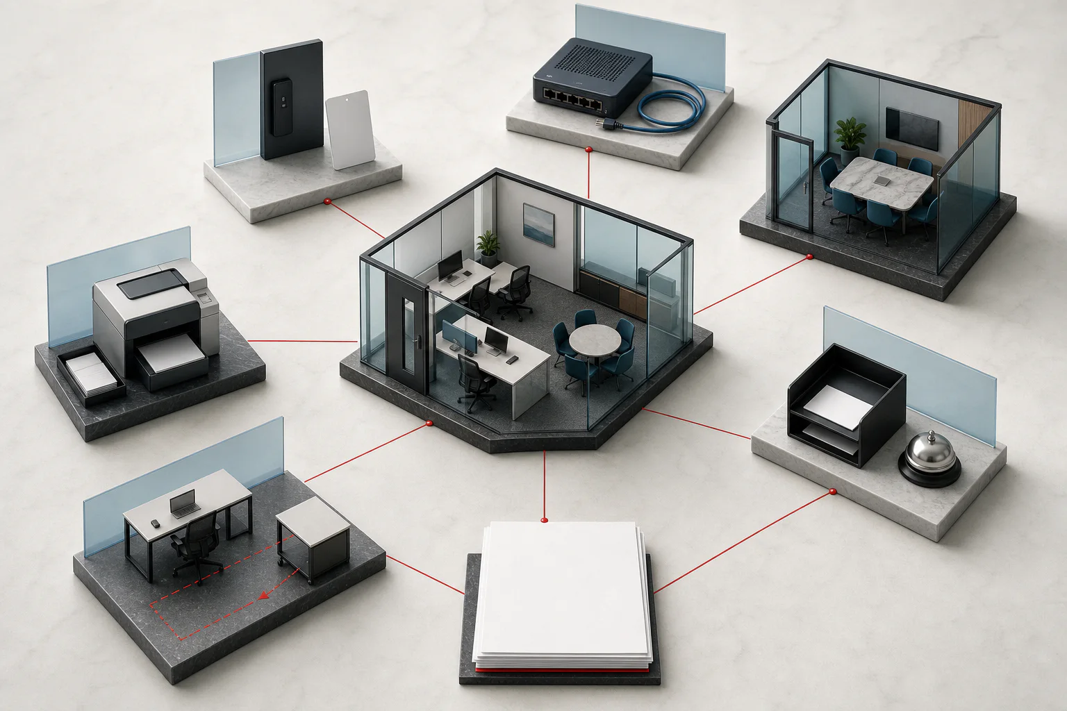 A model office suite connected to access, internet, meeting-room, printing, reception and layout components.