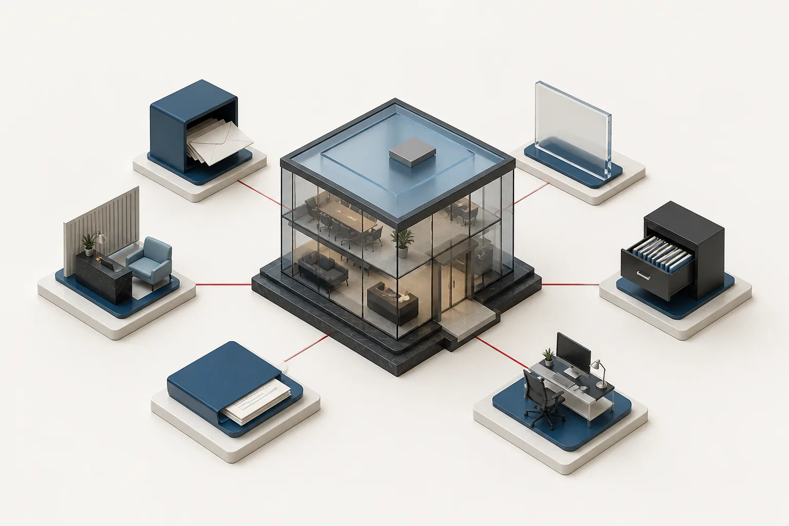 An office-and-address model connected to separate mail, display, records, reception, document and workspace functions.