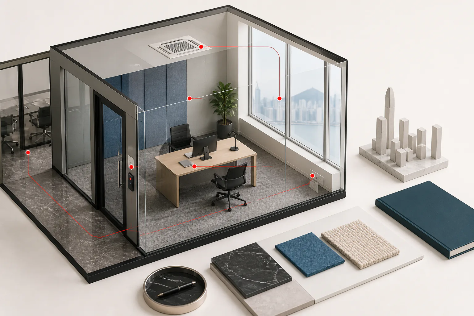 An office-room model with inspection points for access, layout, daylight, air, acoustics and power.