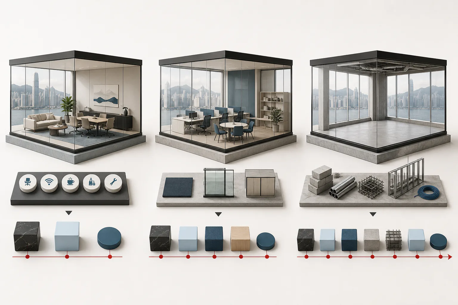 Three office models with different service, fit-out, construction and commitment components.