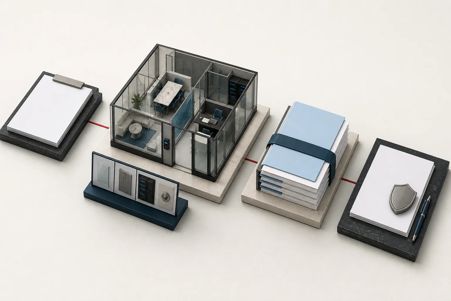 A firm brief, exact room controls, operator evidence and an independent review stage shown as separate components.
