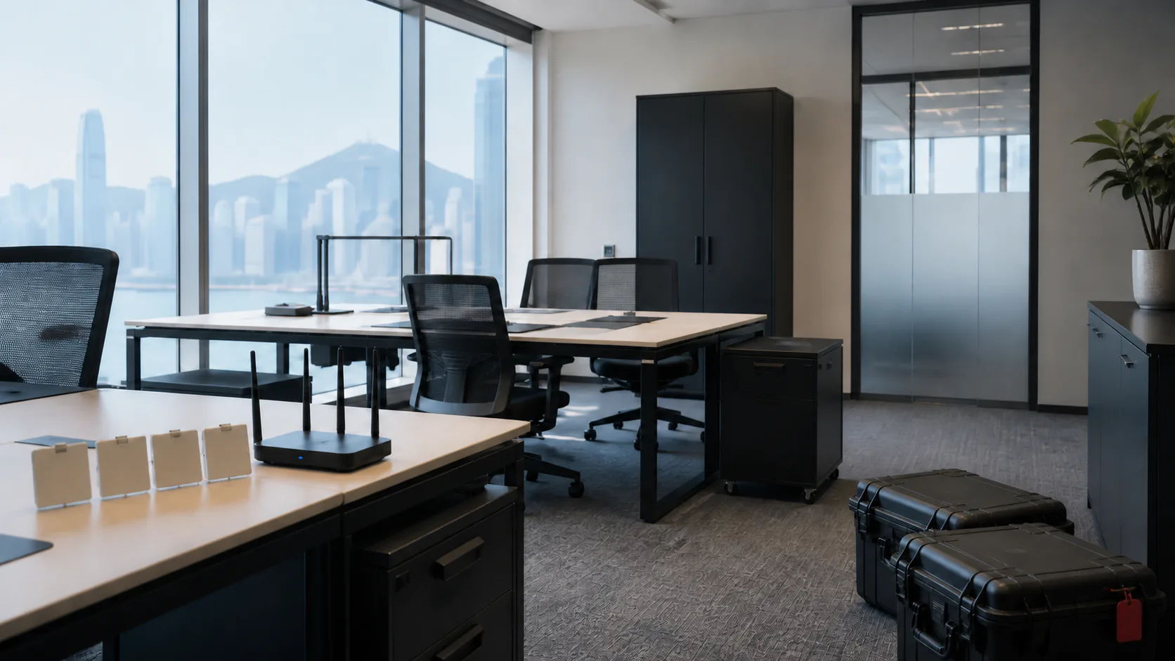A furnished temporary project office with movable storage, dedicated connectivity and packed equipment cases.